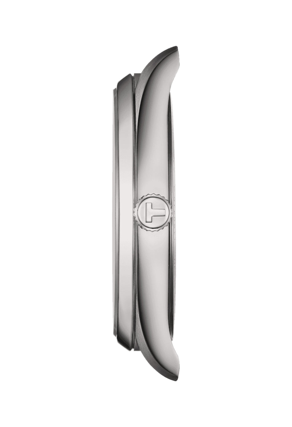 Side profile of the Tissot PR100 watch showcasing its stainless steel case and the 'T' logo on the crown.