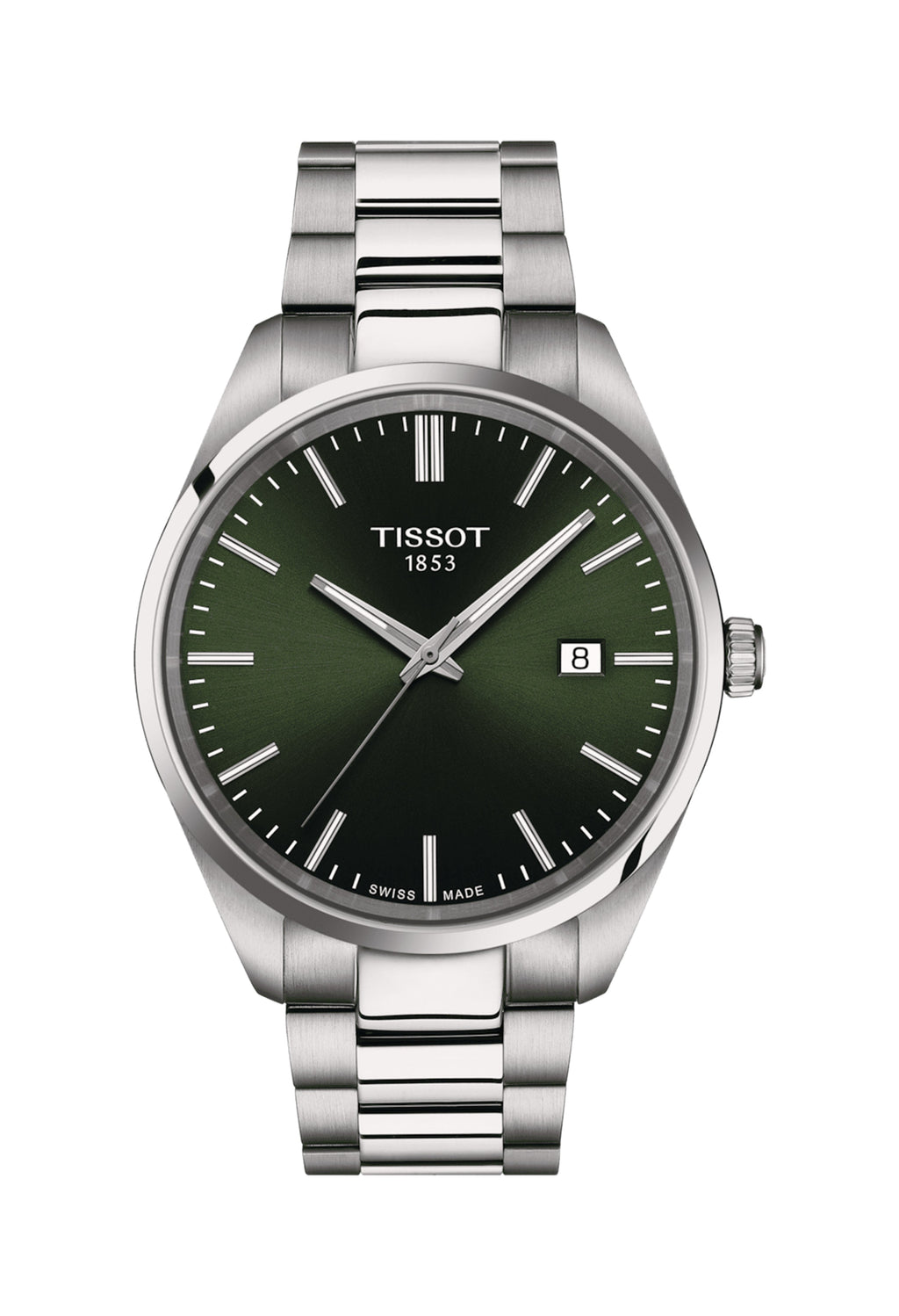 Close-up of the Tissot PR100 watch with a green dial and stainless steel bracelet, displaying the date. "Tissot 1853" on the