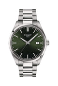 Close-up of the Tissot PR100 watch with a green dial and stainless steel bracelet, displaying the date. "Tissot 1853" on the