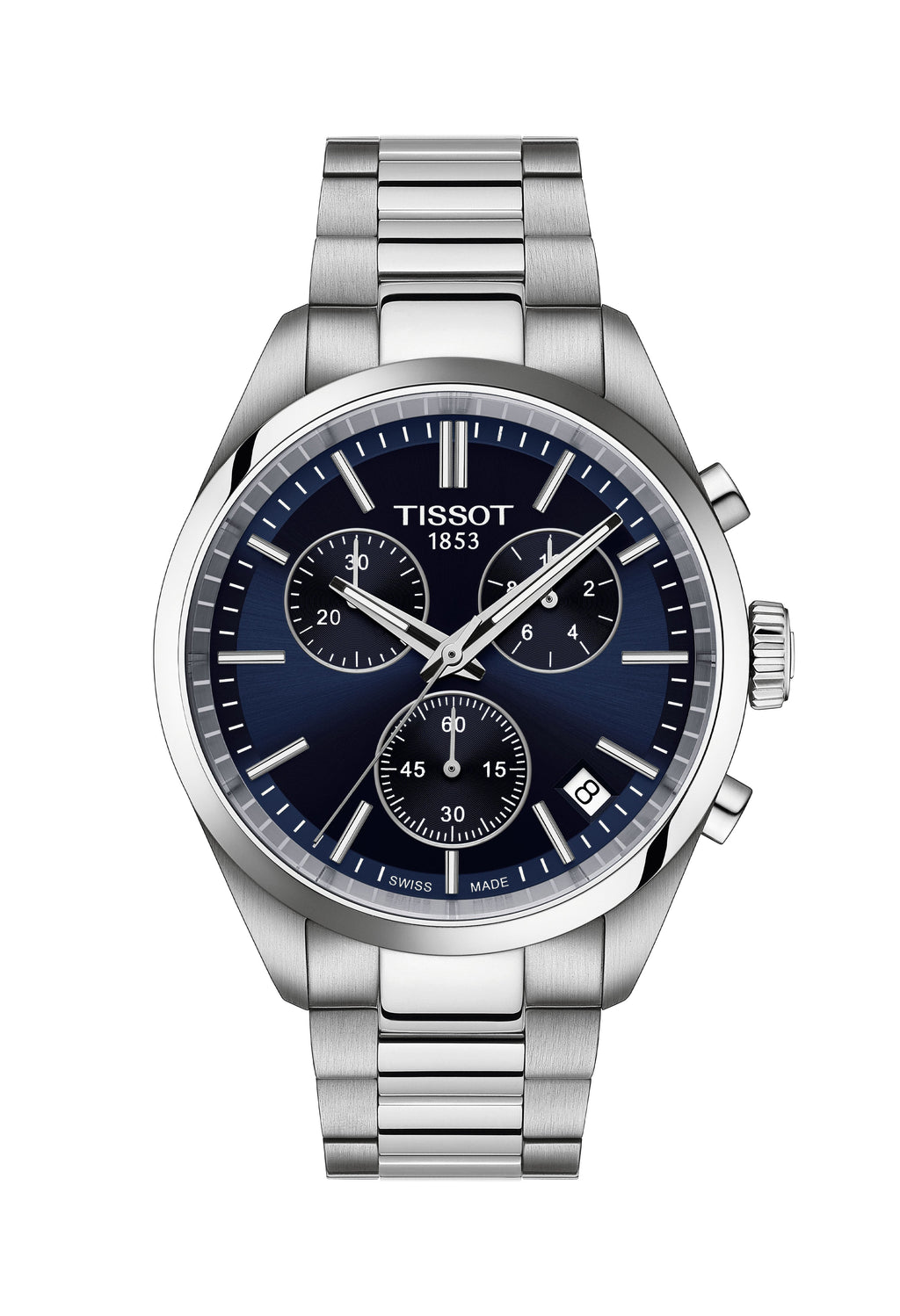 Close-up of the Tissot PR100 chronograph watch, showcasing the blue dial, stainless steel bracelet, and date window. Tissot