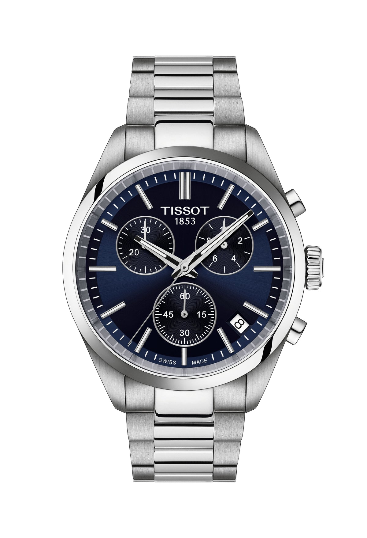 Close-up of the Tissot PR100 chronograph watch, showcasing the blue dial, stainless steel bracelet, and date window. Tissot