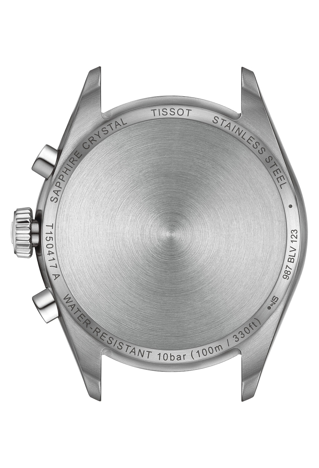 Close-up of the Tissot PR100 watch caseback showing model number T150417A and 100m water resistance.