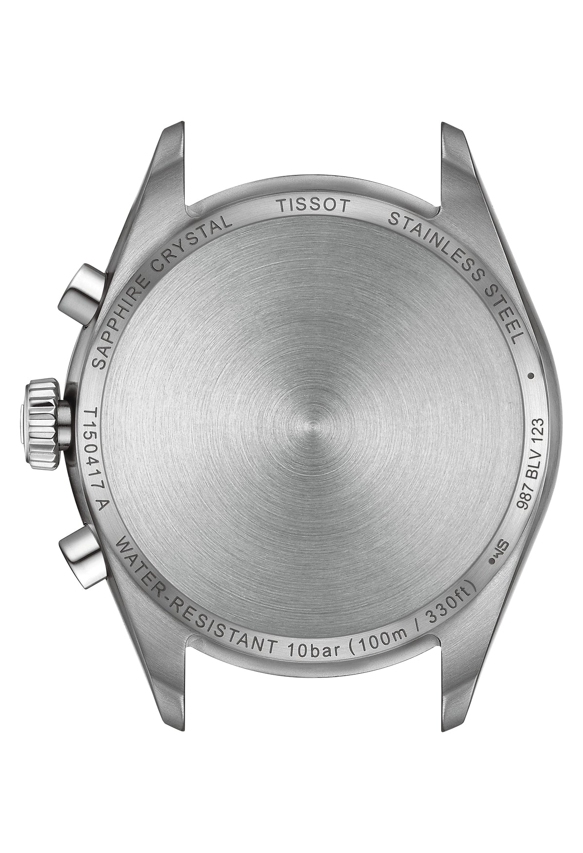 Close-up of the Tissot PR100 watch caseback showing model number T150417A and 100m water resistance.