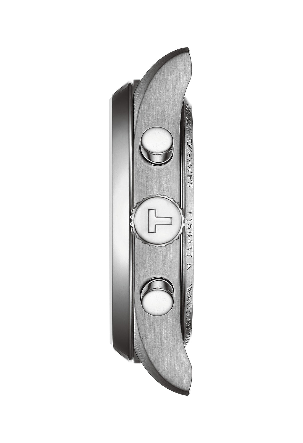 Side view of Tissot PR100 watch showing chronograph buttons, crown with 'T' logo, model T1150417A, Sapphire Crystal.