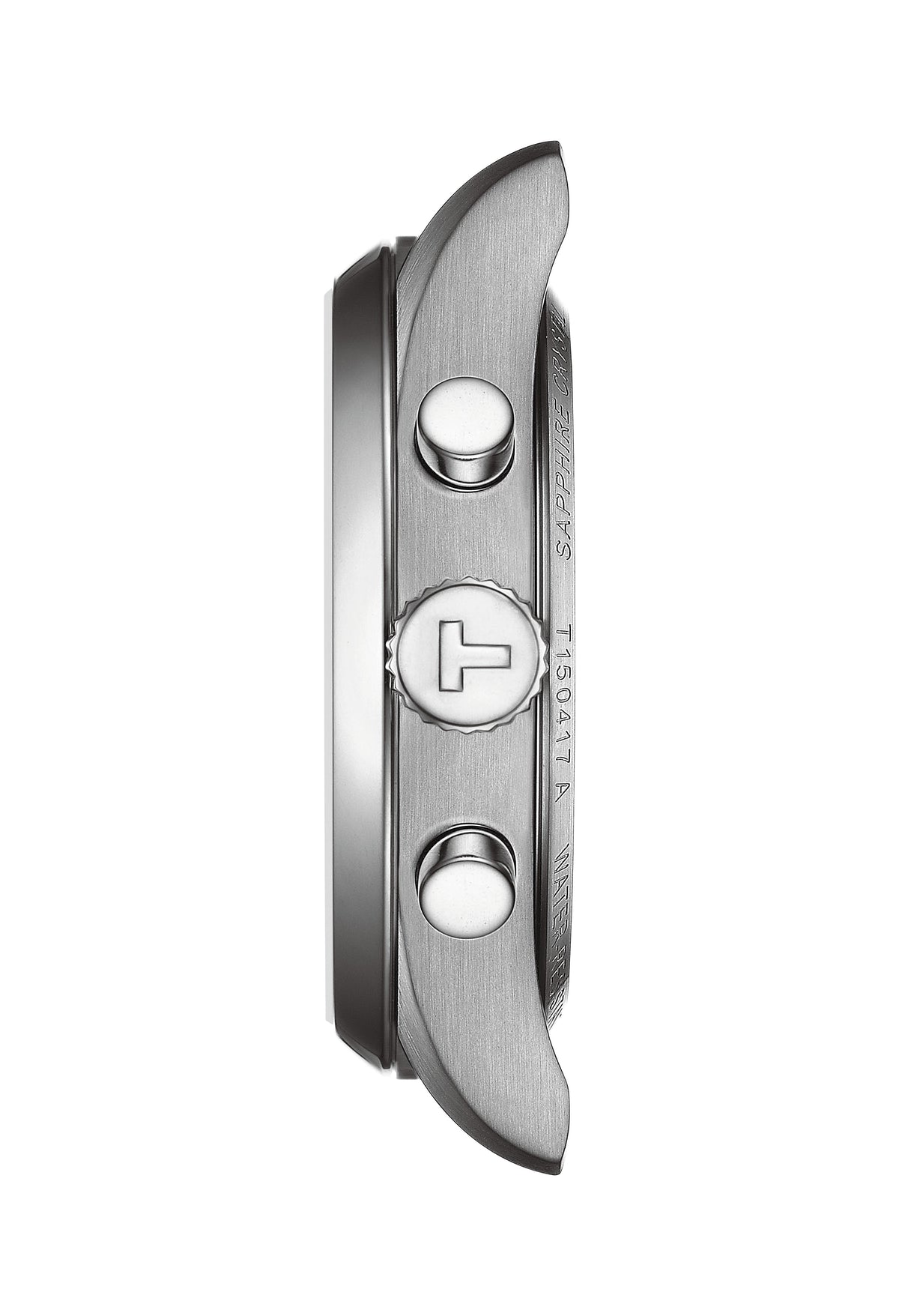 Side view of Tissot PR100 watch showing chronograph buttons, crown with 'T' logo, model T1150417A, Sapphire Crystal.