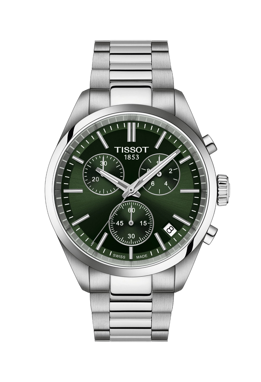 Close-up showcasing the Tissot PR100 chronograph watch with a green dial and stainless steel band. Features Tissot 1853