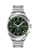 Close-up showcasing the Tissot PR100 chronograph watch with a green dial and stainless steel band. Features Tissot 1853