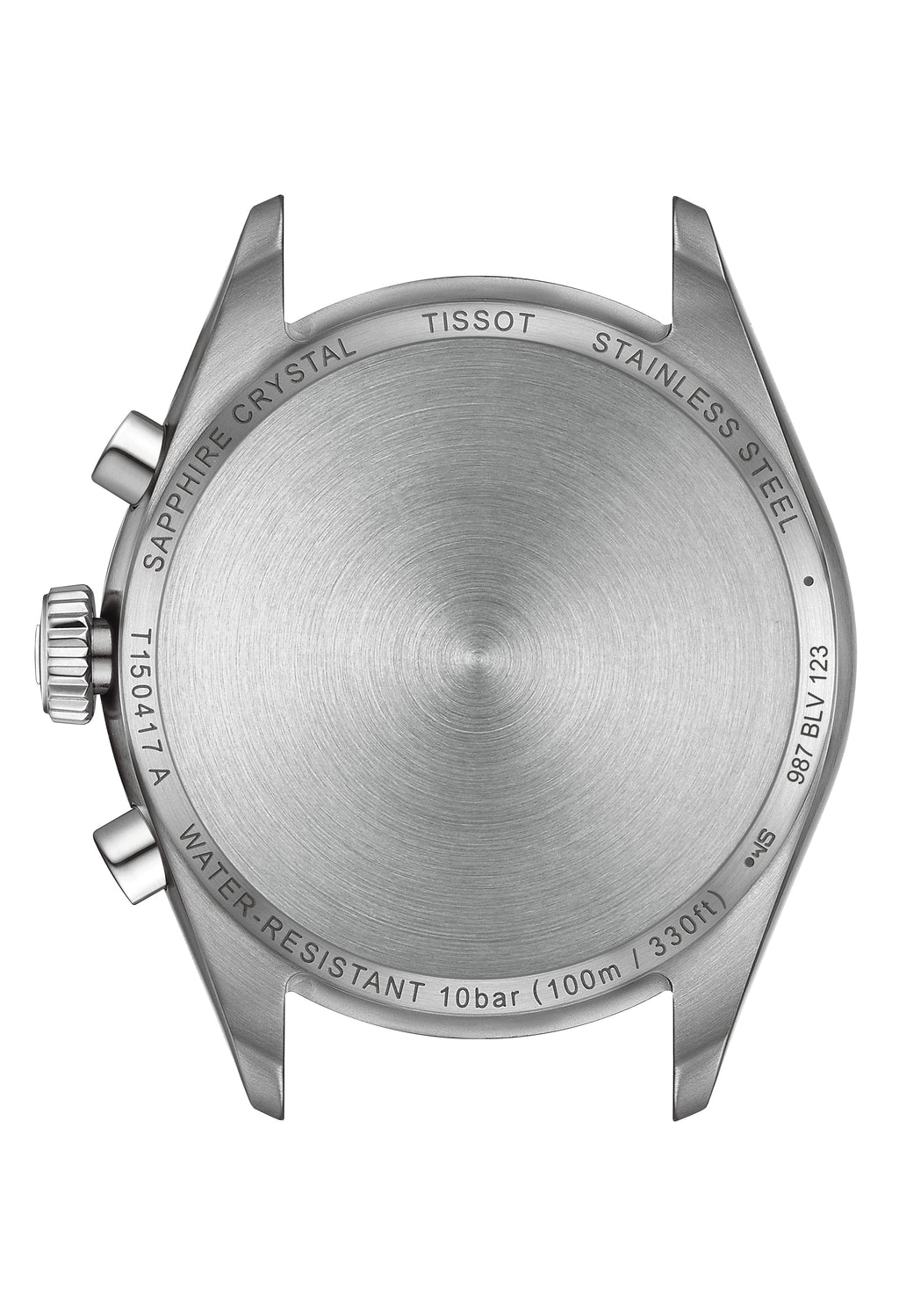 Tissot watch case back detail showing stainless steel, water resistance rating, and model number T150417 A.