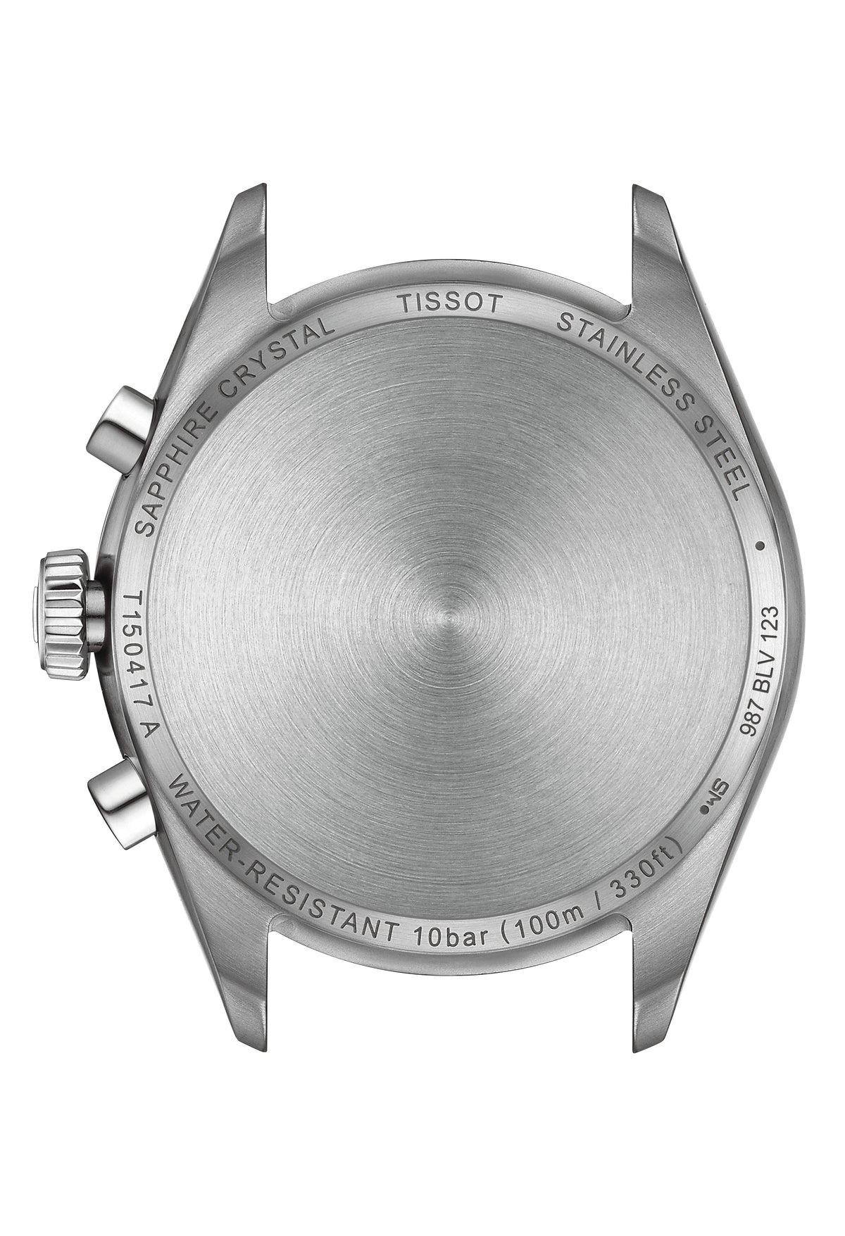 Tissot watch case back detail showing stainless steel, water resistance rating, and model number T150417 A.