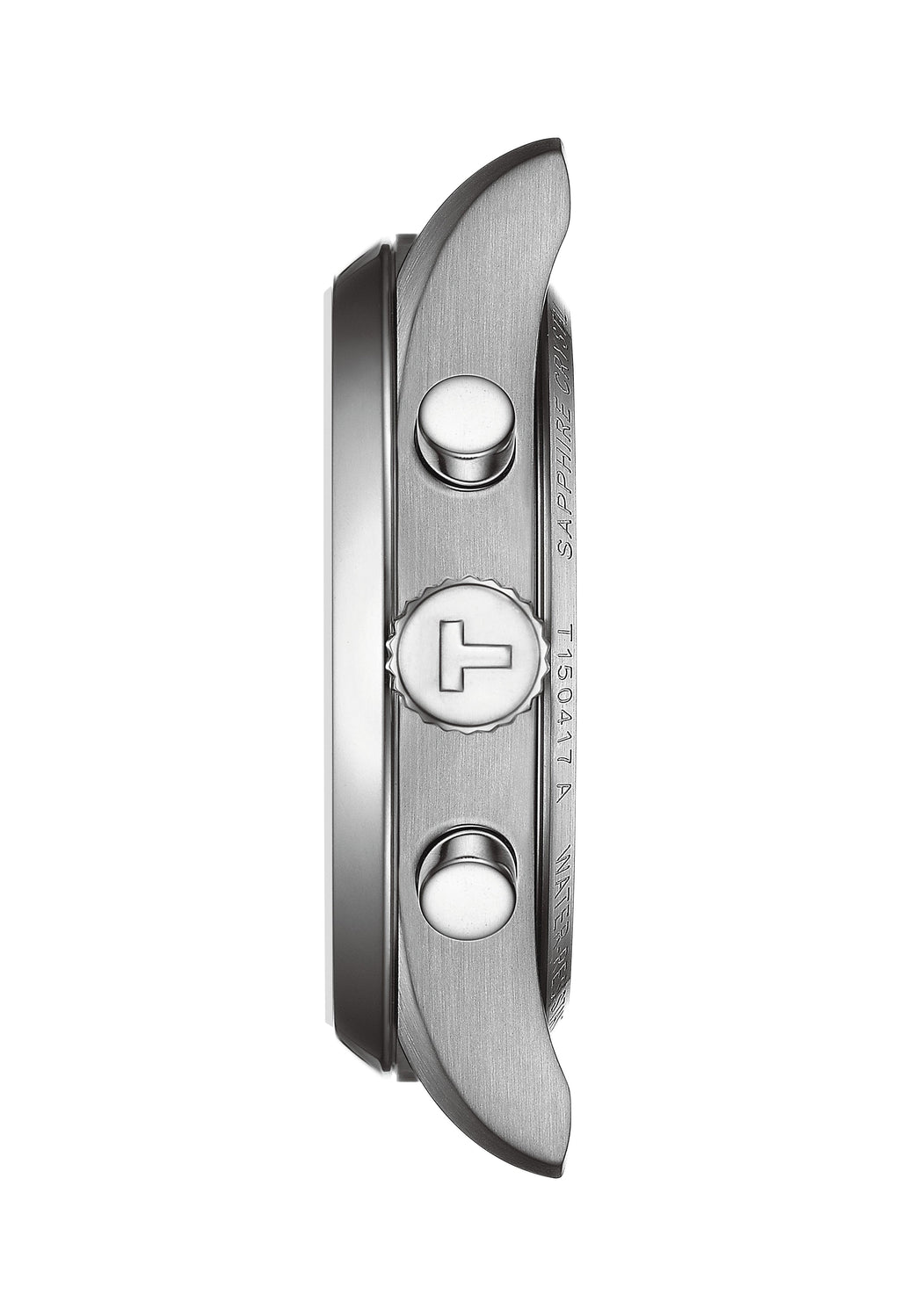 Side view of the Tissot PR100 watch showing its chronograph pushers, crown, and T1150417 A model number detail.