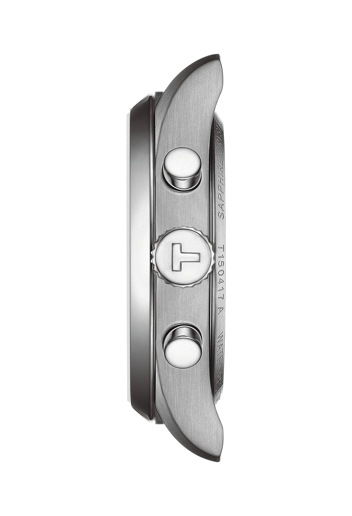 Side view of the Tissot PR100 watch showing its chronograph pushers, crown, and T1150417 A model number detail.