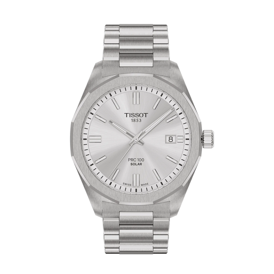 Tissot Mens PRC100 Solar Quartz Silver Dial Bracelet Watch T1514221103100