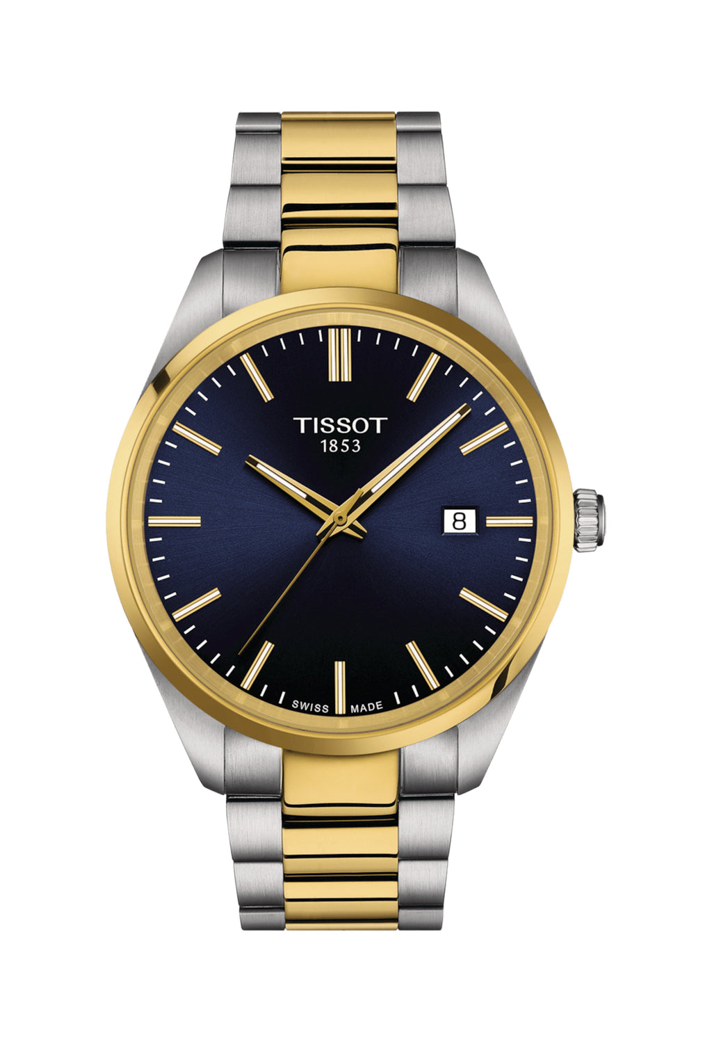 Tissot PR100 watch showcasing the blue dial, gold bezel, & two-tone stainless steel bracelet. Timeless Swiss design.