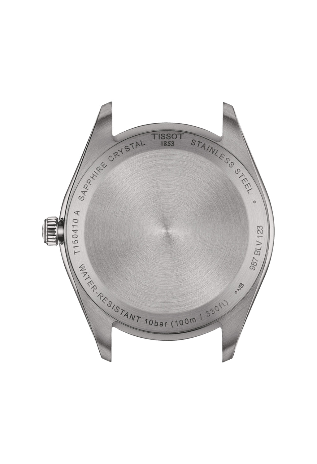 Tissot watch caseback detail displaying model (T150410A) and water resistance rating (100m/330ft). Stainless steel.