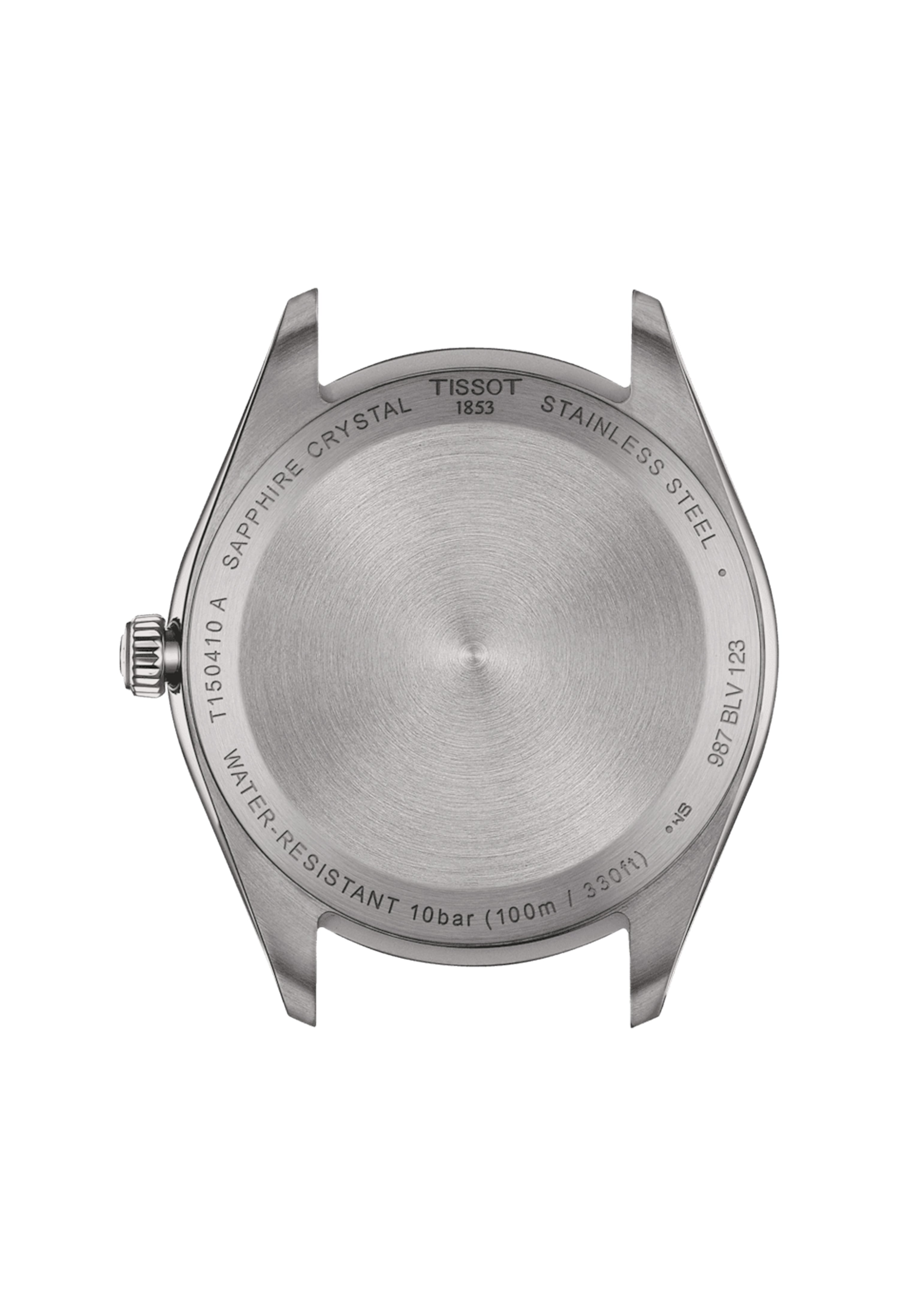 Tissot watch caseback detail displaying model (T150410A) and water resistance rating (100m/330ft). Stainless steel.