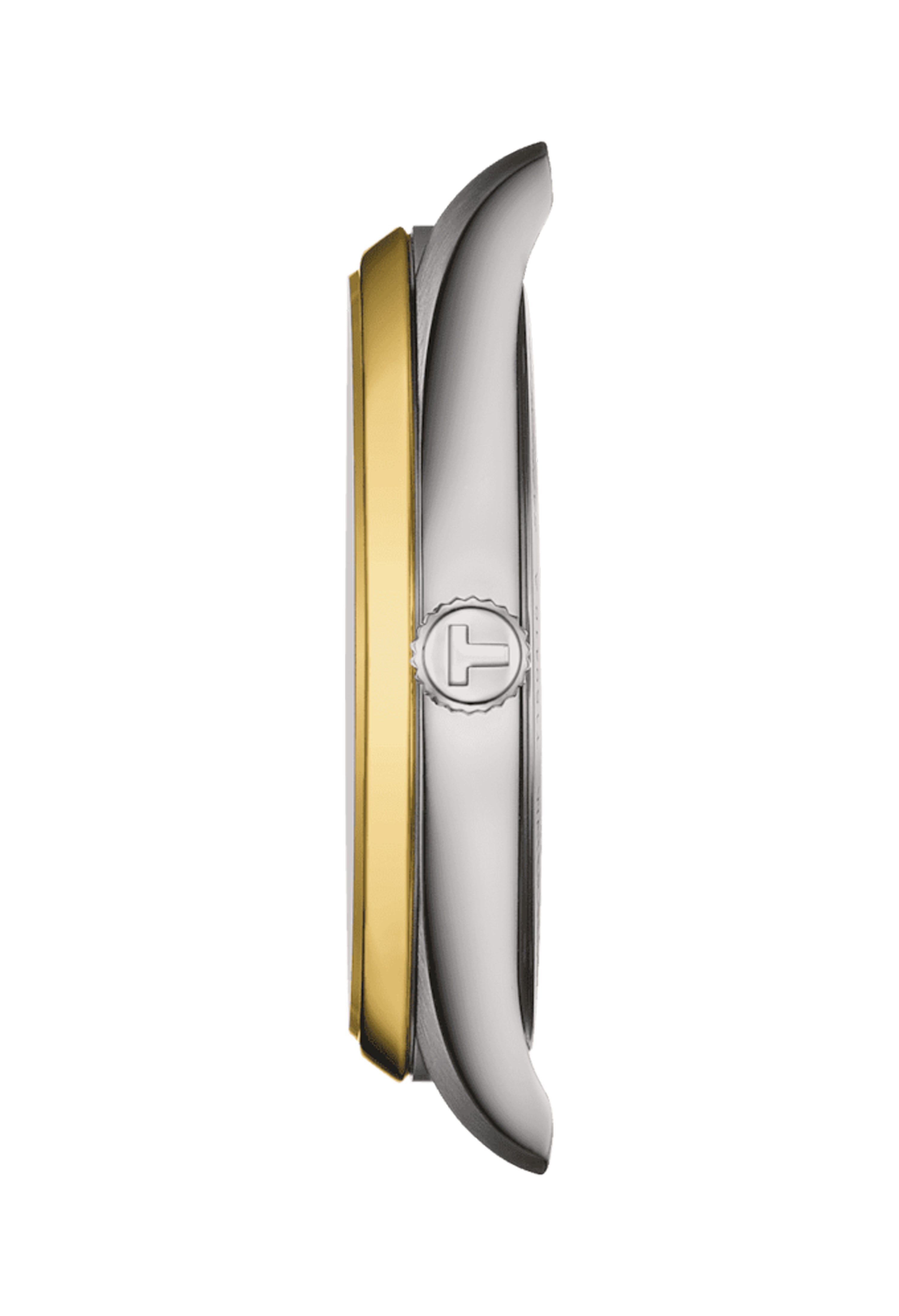 Side profile of the Tissot PR100 watch, showing the stainless steel and gold case with crown detail.