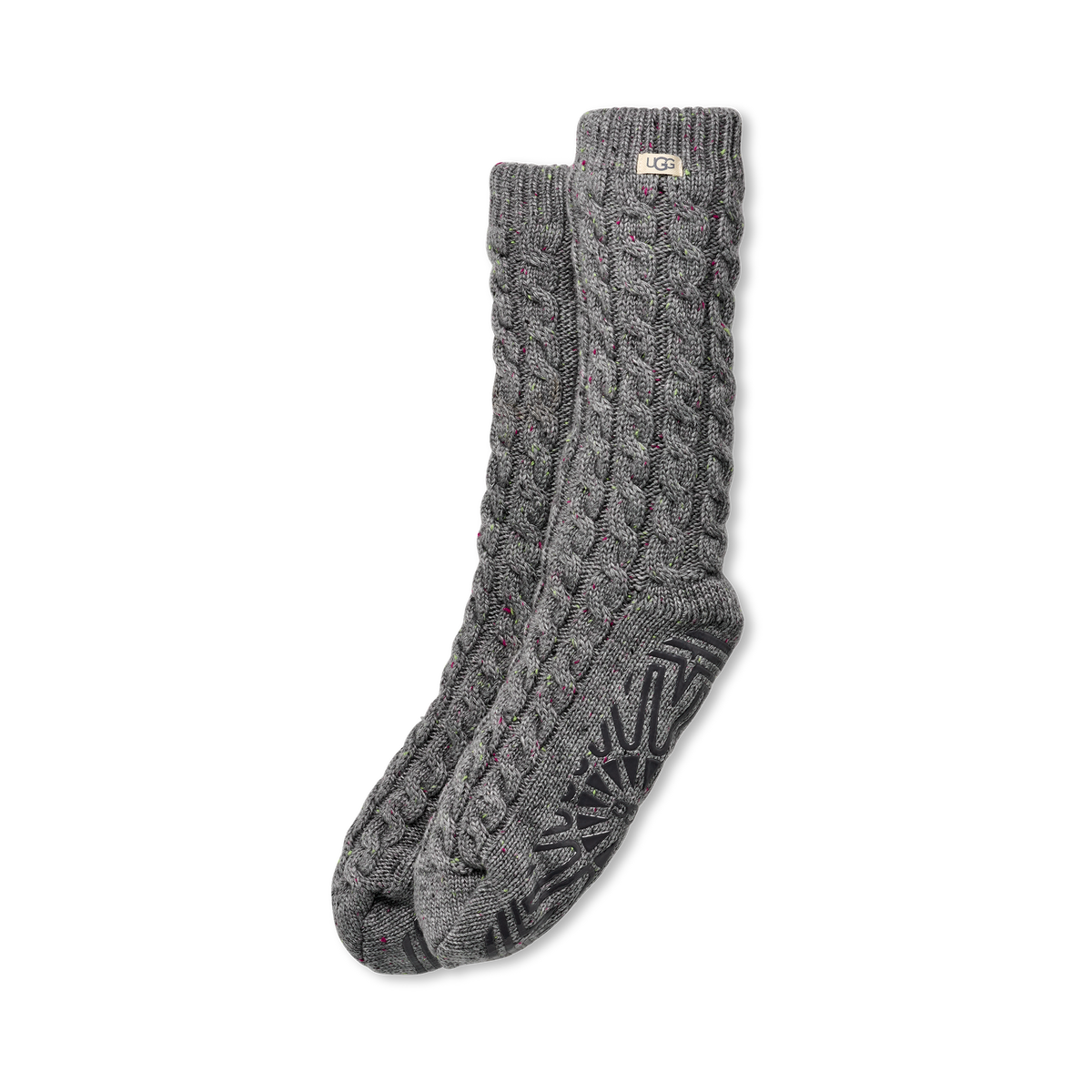 Pair of gray UGG cable knit socks on a white background