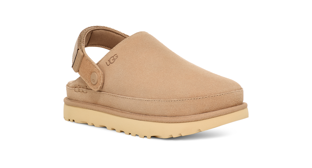 Tan UGG clog shoe on a white background