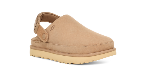 Tan UGG clog shoe on a white background