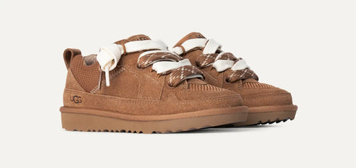 Brown UGG suede sneakers with white laces on a white background