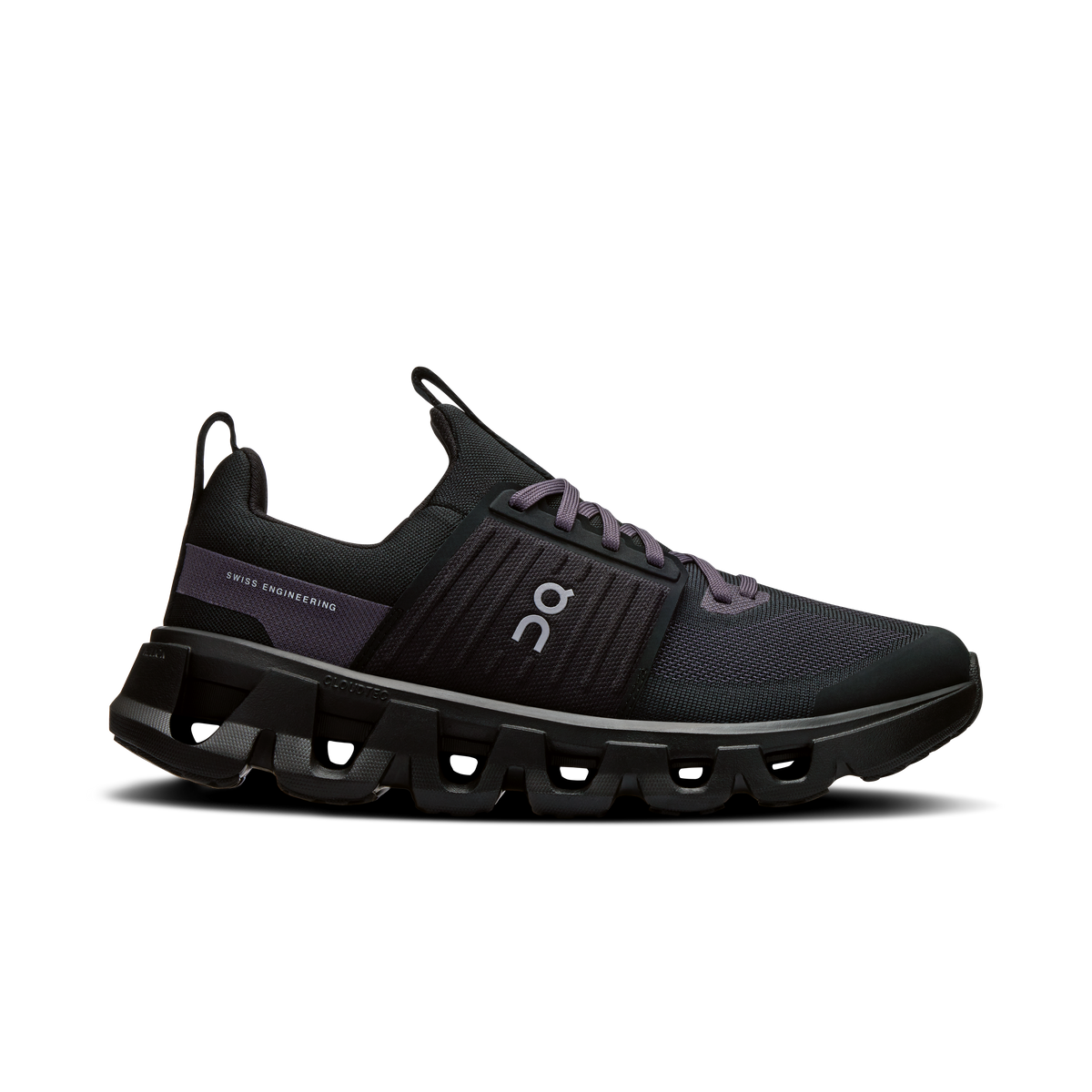 A pair of Unisex On Running Kids Black Eclipse Cloudswift 4 Trainers against a white background.