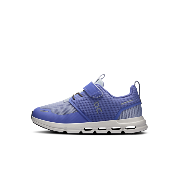 Blue children's shoe with white sole on a white background