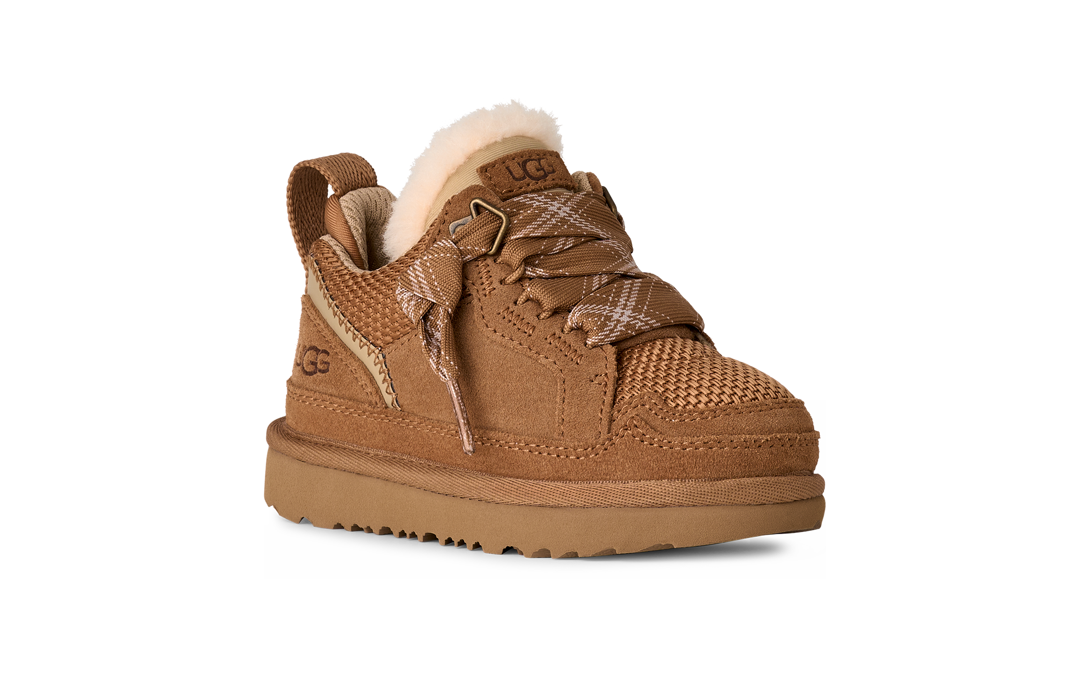Brown UGG  sneaker with shearling lining on a white background