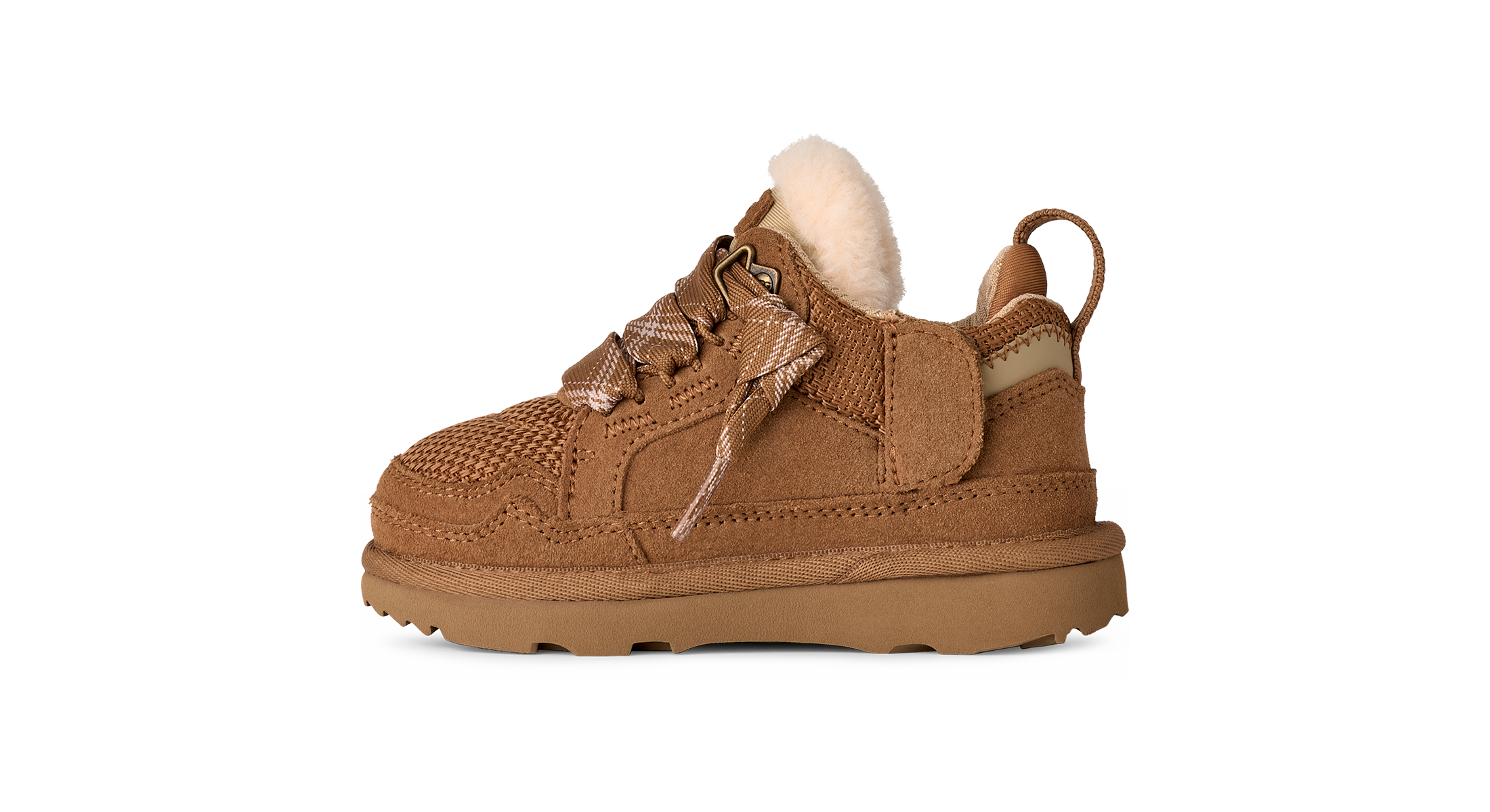 Brown children's shoe with white fur lining on a white background