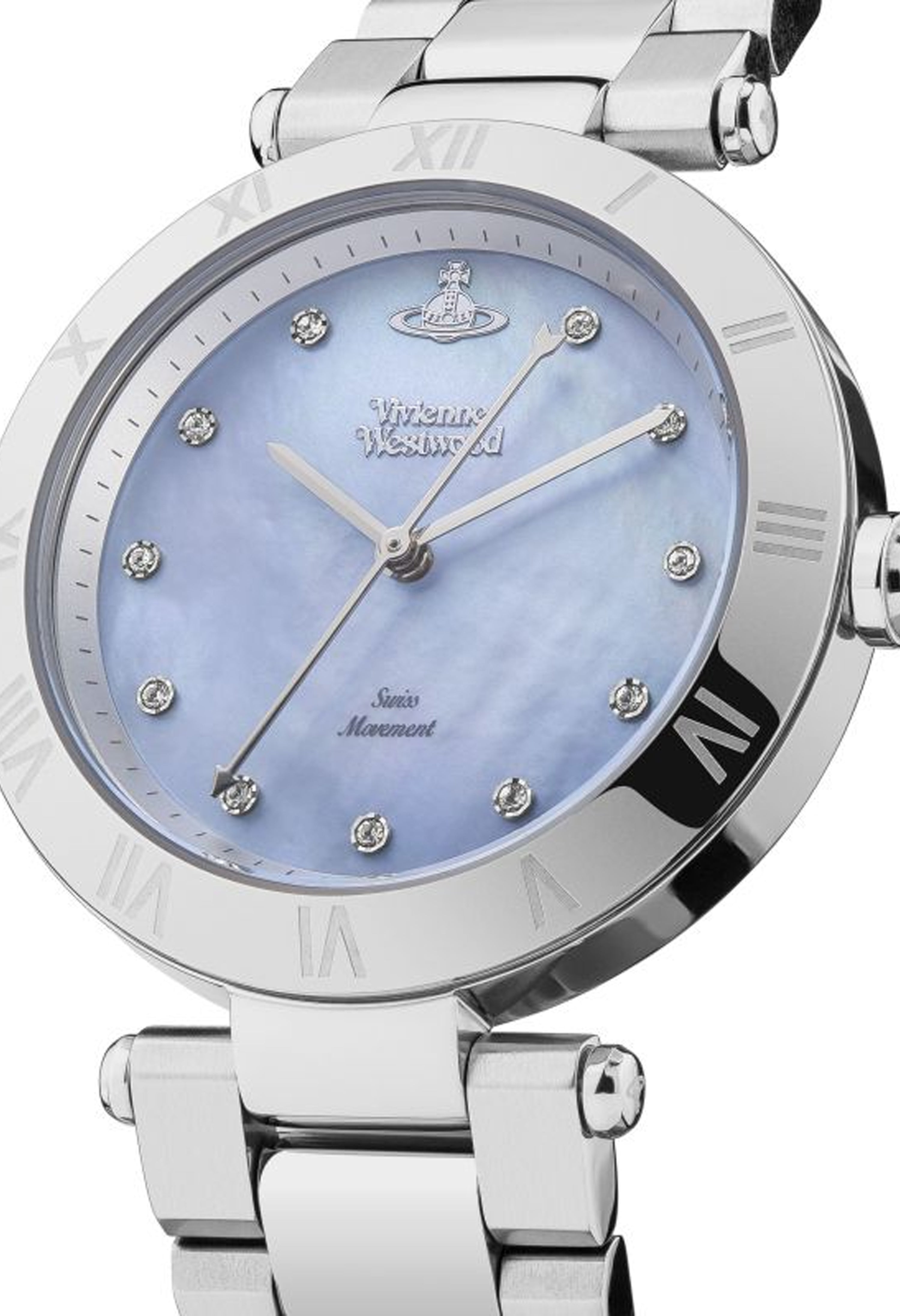 Vivienne Westwood watch showcasing the light blue dial with Roman numeral markings & jewel accents. Swiss movement.