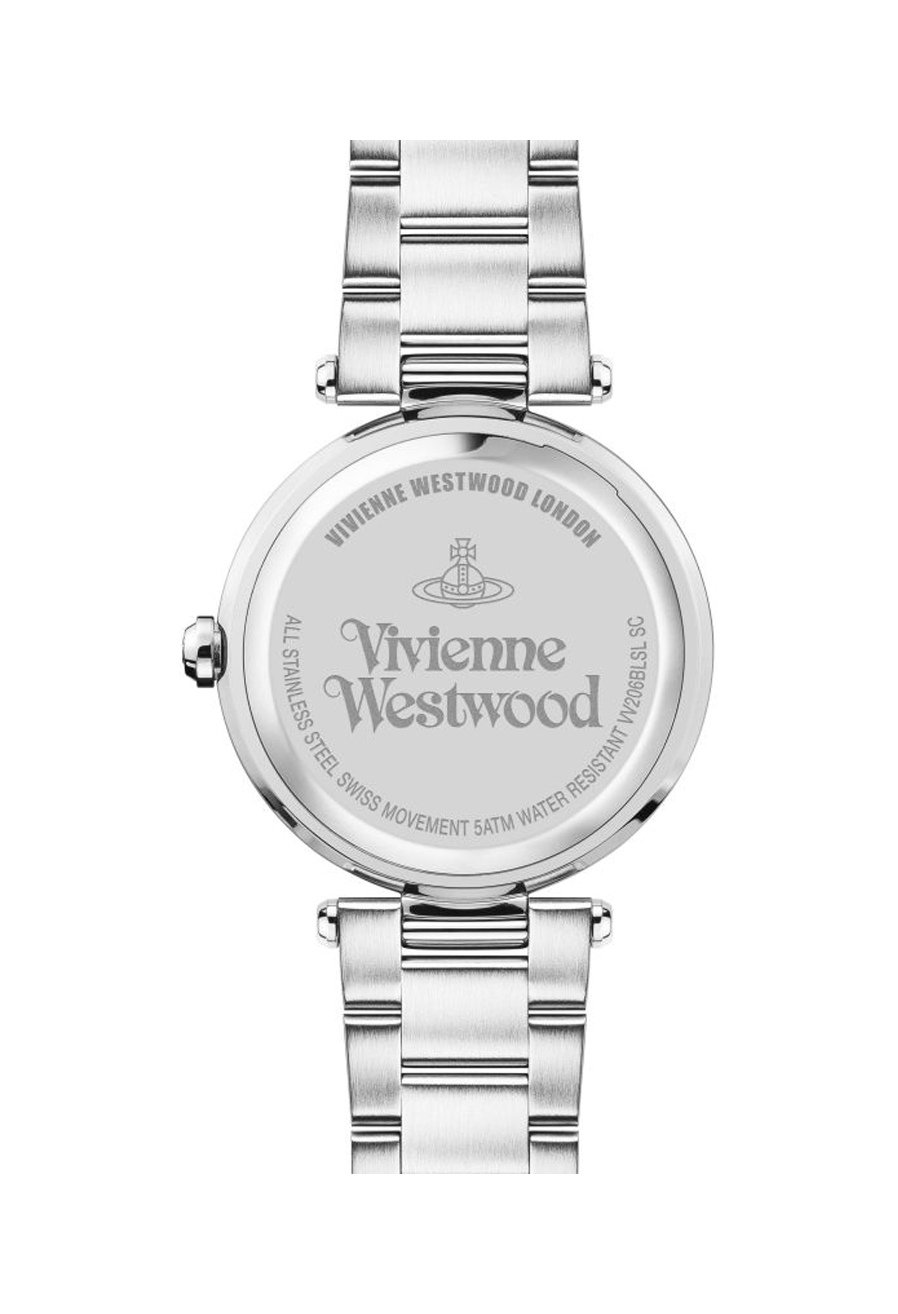 Back casing of Vivienne Westwood watch detailing "Vivienne Westwood London," "All Stainless Steel Swiss Movement 5ATM Water