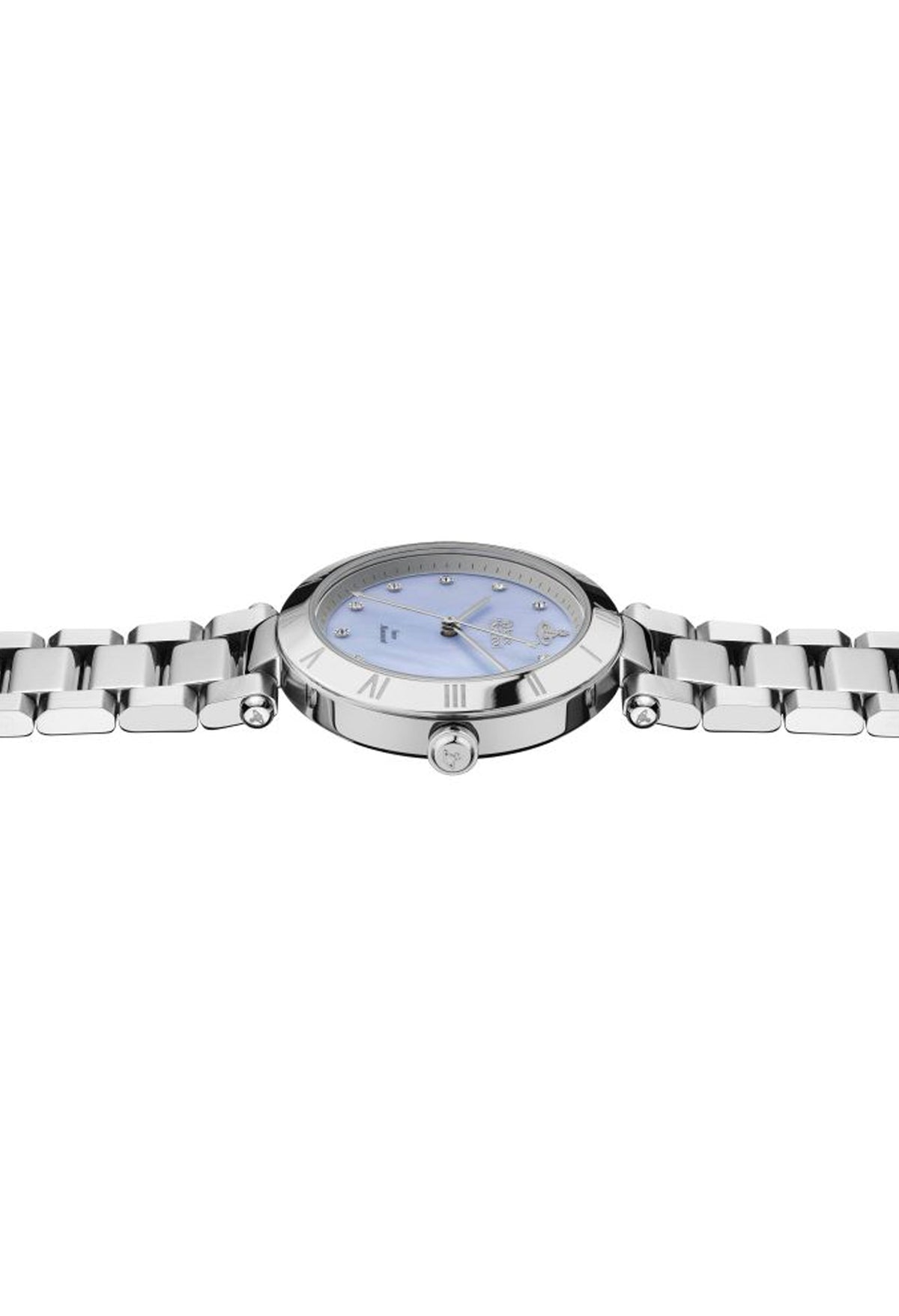 Ladies Vivienne Westwood watch showing dial details and design. Features light blue dial and metal wrist band.