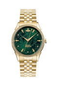 Gold watch with green face.