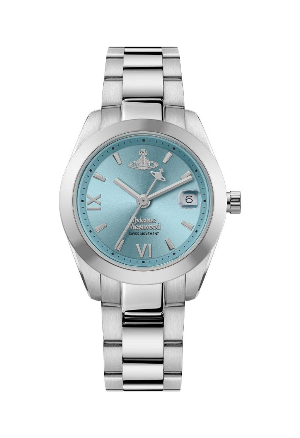 Close-up of the Vivienne Westwood Fenchurch watch with teal dial and stainless steel bracelet, showcasing the Swiss movement.