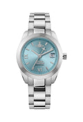 Close-up of the Vivienne Westwood Fenchurch watch with teal dial and stainless steel bracelet, showcasing the Swiss movement.
