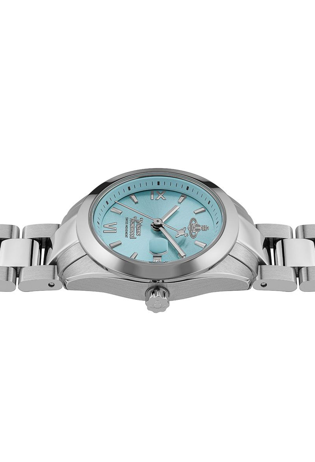 Close-up of the Vivienne Westwood Fenchurch watch showing its teal dial, iconic logo, & stainless steel bracelet. Details of