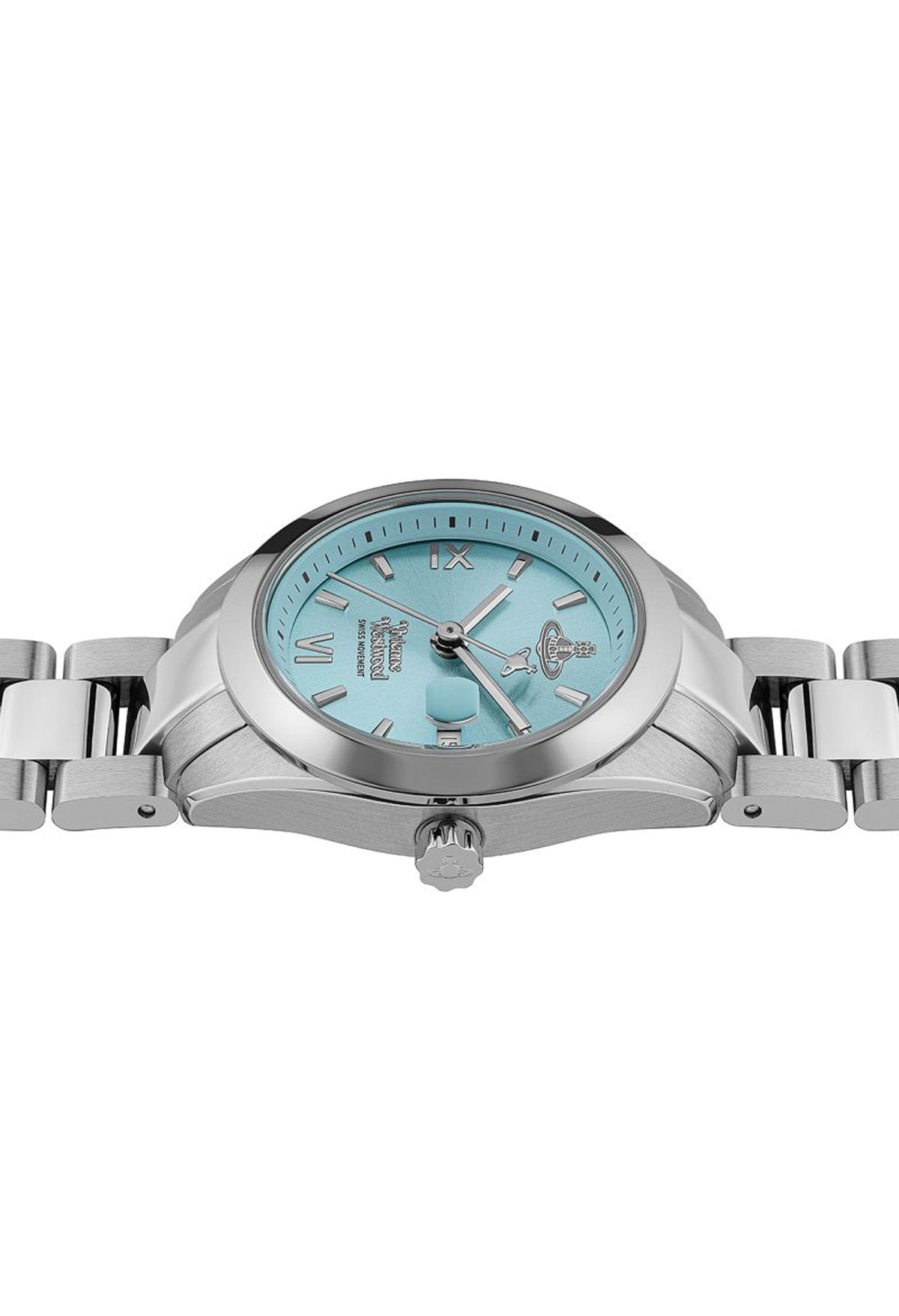 Close-up of the Vivienne Westwood Fenchurch watch showing its teal dial, iconic logo, & stainless steel bracelet. Details of