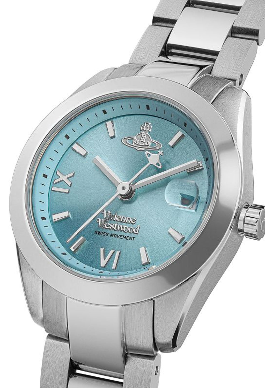 Close-up of the Vivienne Westwood Fenchurch watch showcasing the teal dial, stainless steel bracelet, and iconic Orb logo.