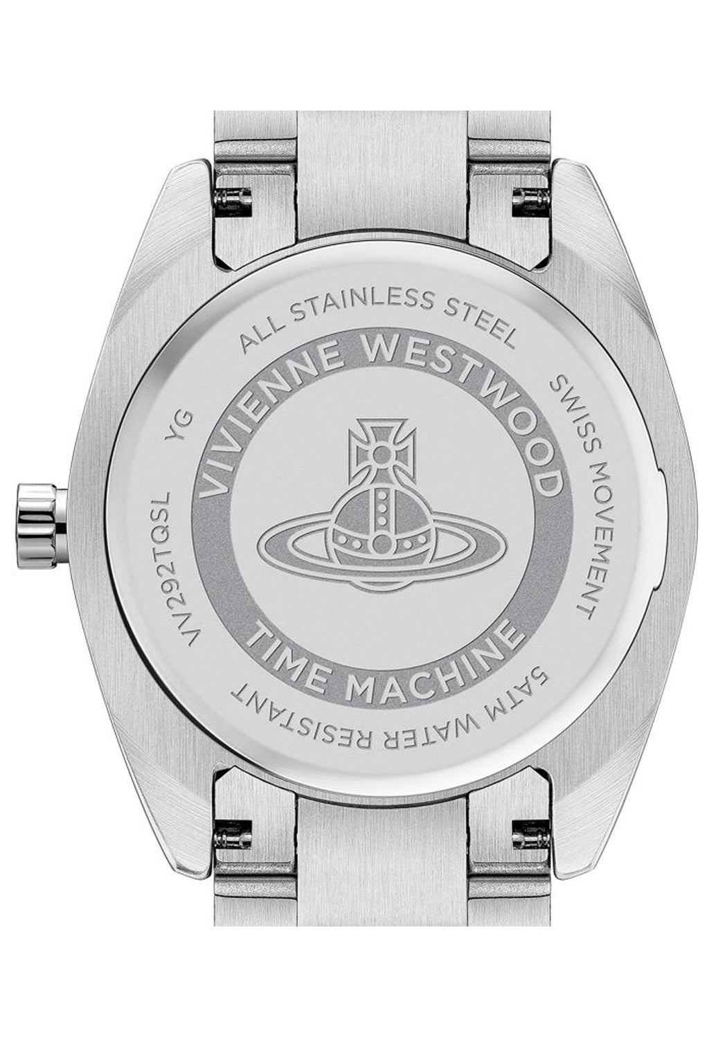 Close-up of the Vivienne Westwood Fenchurch watch case back detail. Features the Orb logo, "Swiss Movement," & model number