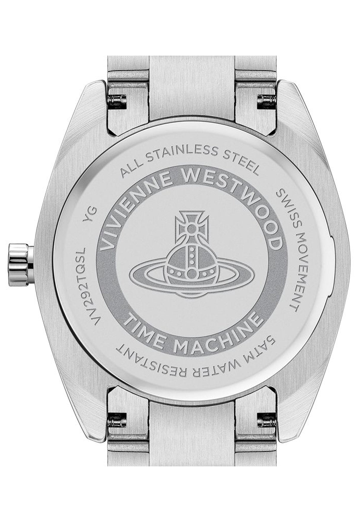 Close-up of the Vivienne Westwood Fenchurch watch case back detail. Features the Orb logo, "Swiss Movement," & model number