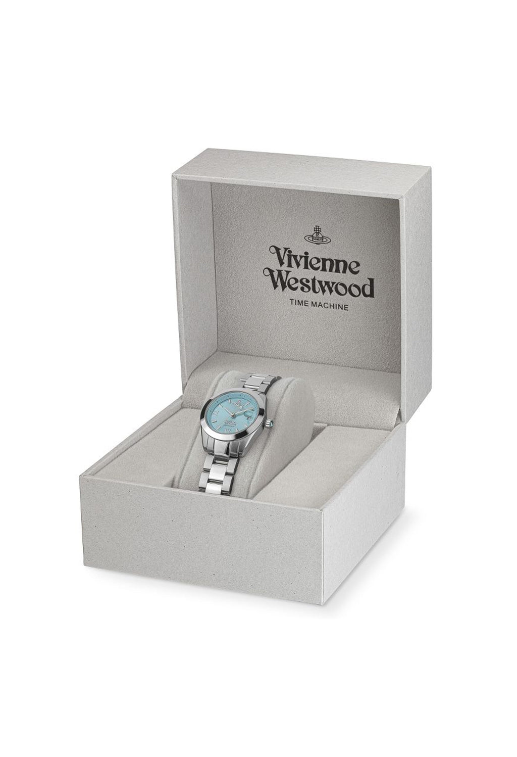 Vivienne Westwood watch presented in branded box. Fenchurch Teal Dial Stainless Time Machine design.