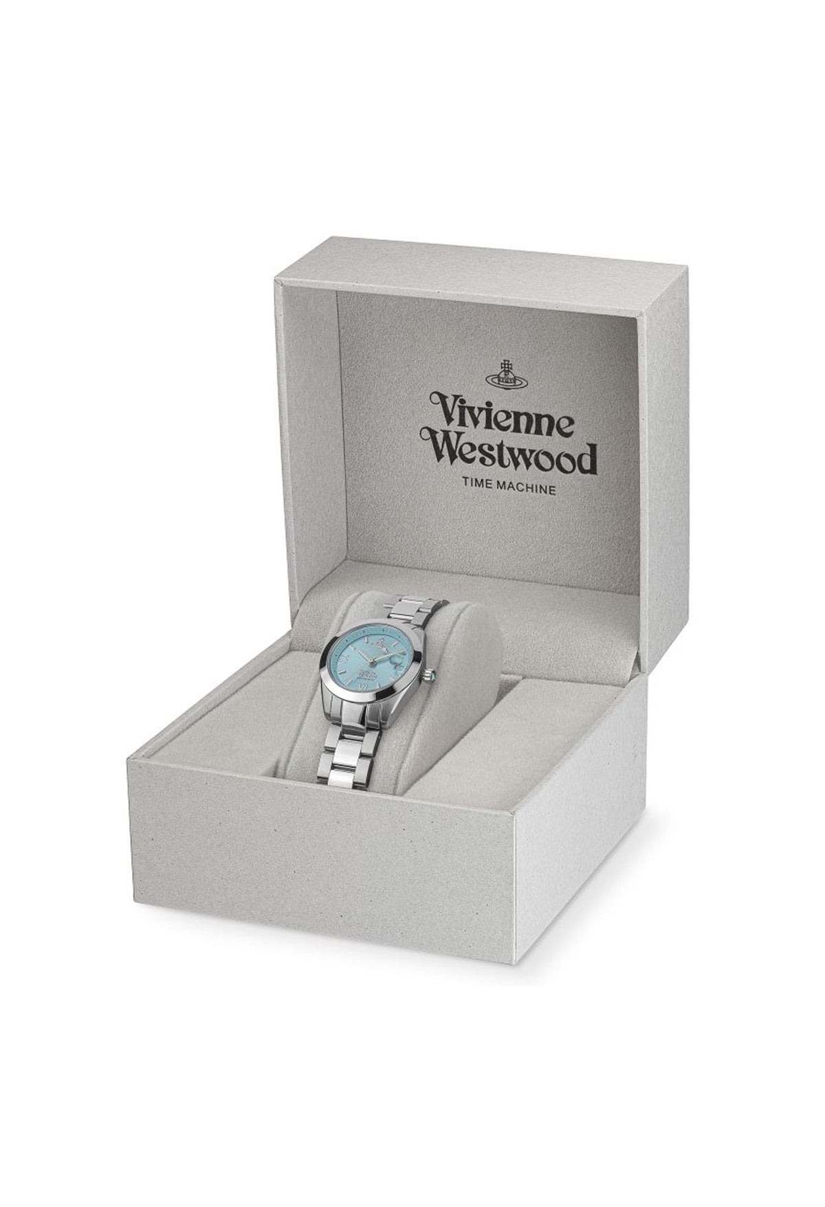 Vivienne Westwood watch presented in branded box. Fenchurch Teal Dial Stainless Time Machine design.