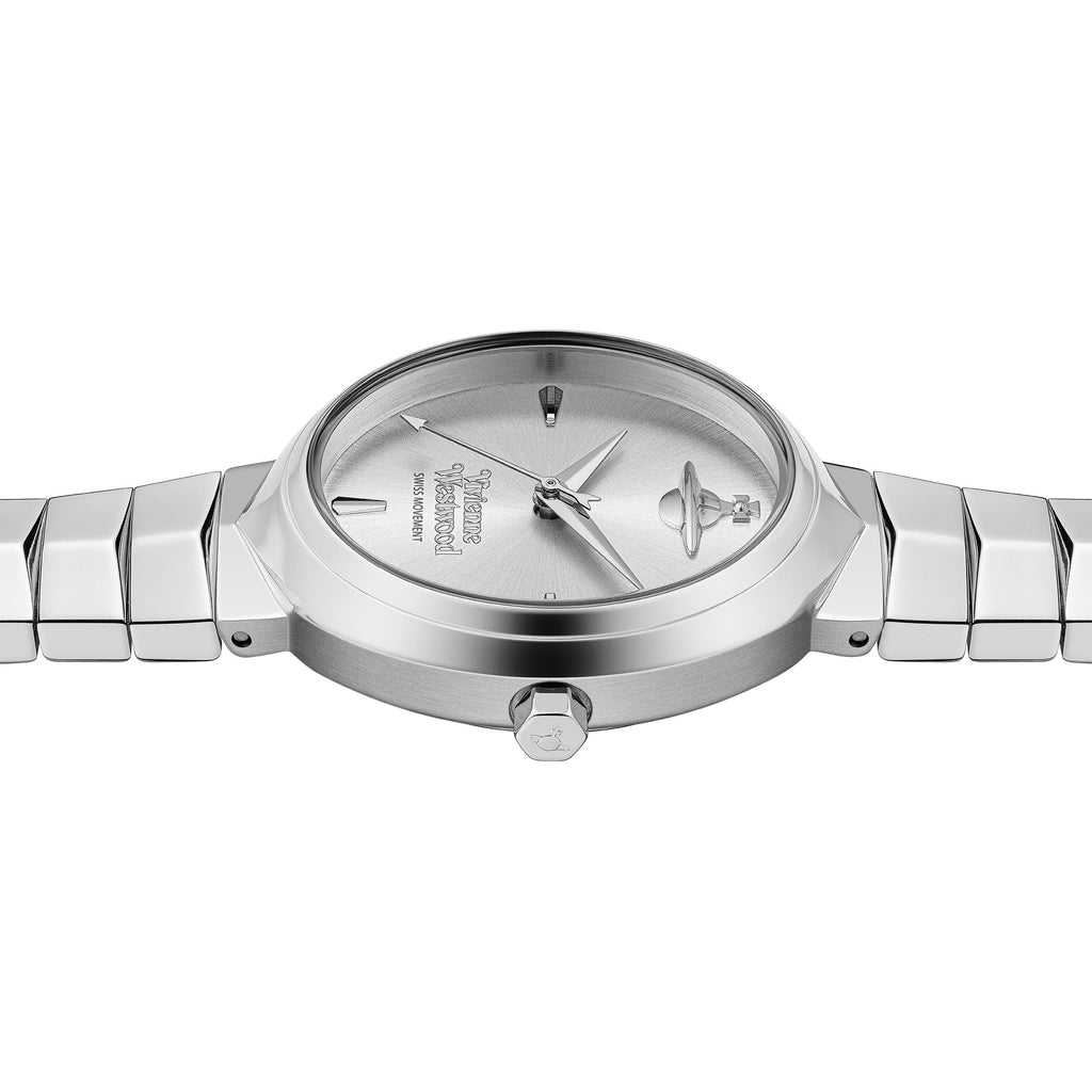 The Vivienne Westwood Ladies Armour Silver Dial Bracelet Watch Stainless Steel, a silver stainless steel bracelet watch from Vivienne Westwood, available at OD’s Jewellers in St Helens
