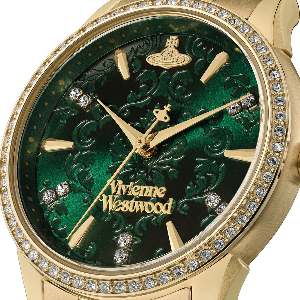 Close up of Vivienne Westwood Wallace Watch Green Cystal Dial