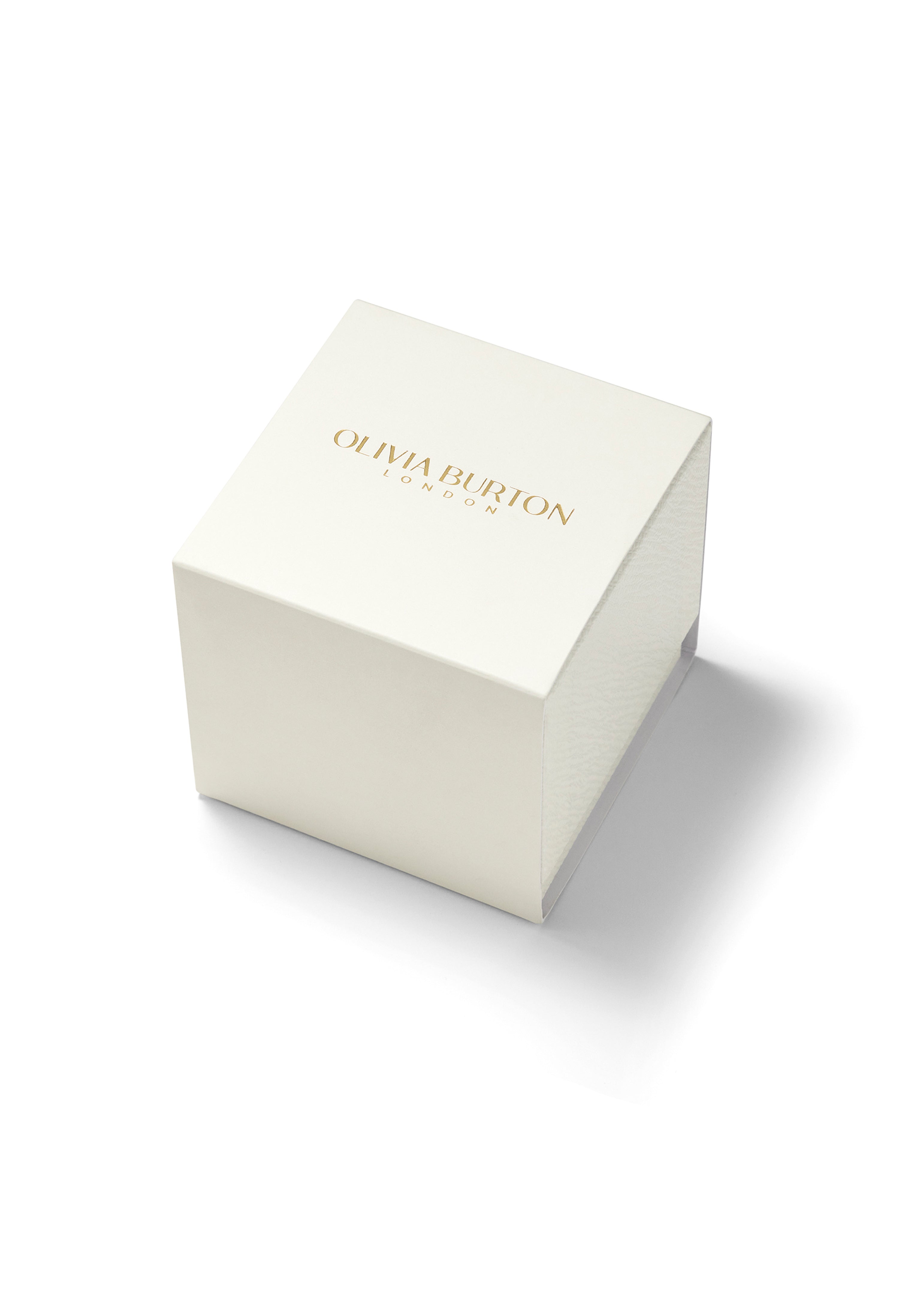 Olivia Burton watch packaging. Branded gift box for a ladies Starlight gold-plated bracelet watch.