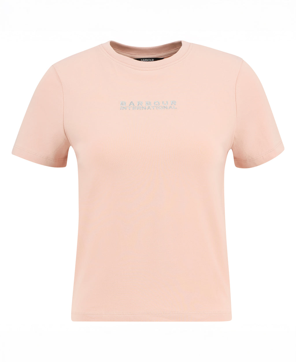 Pink t-shirt with a brand logo on a white background