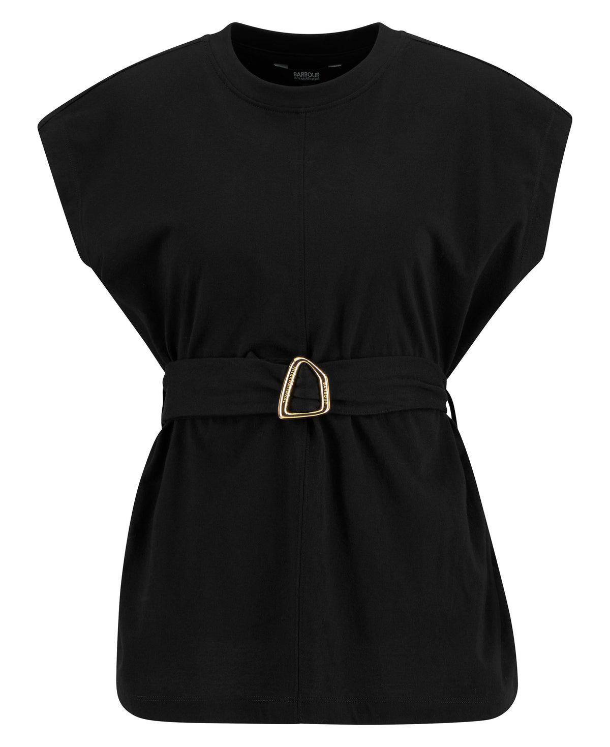 Black sleeveless top with a belt and gold buckle on a white background
