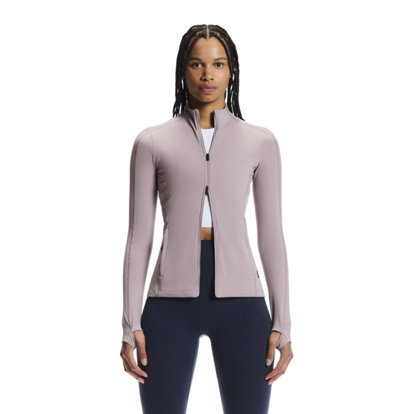 Woman wearing a light purple jacket on a white background