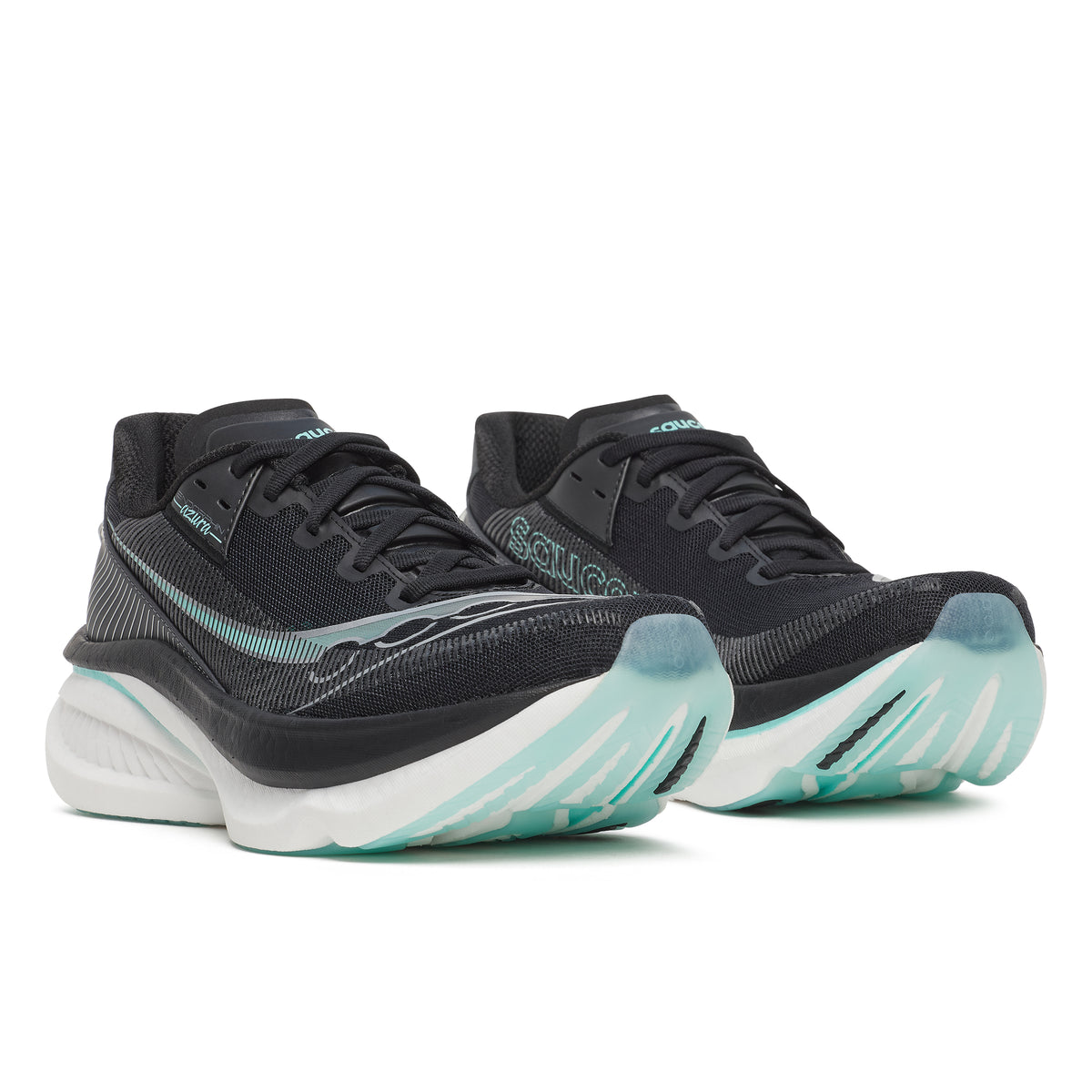 Black running shoes with teal accents on a white background