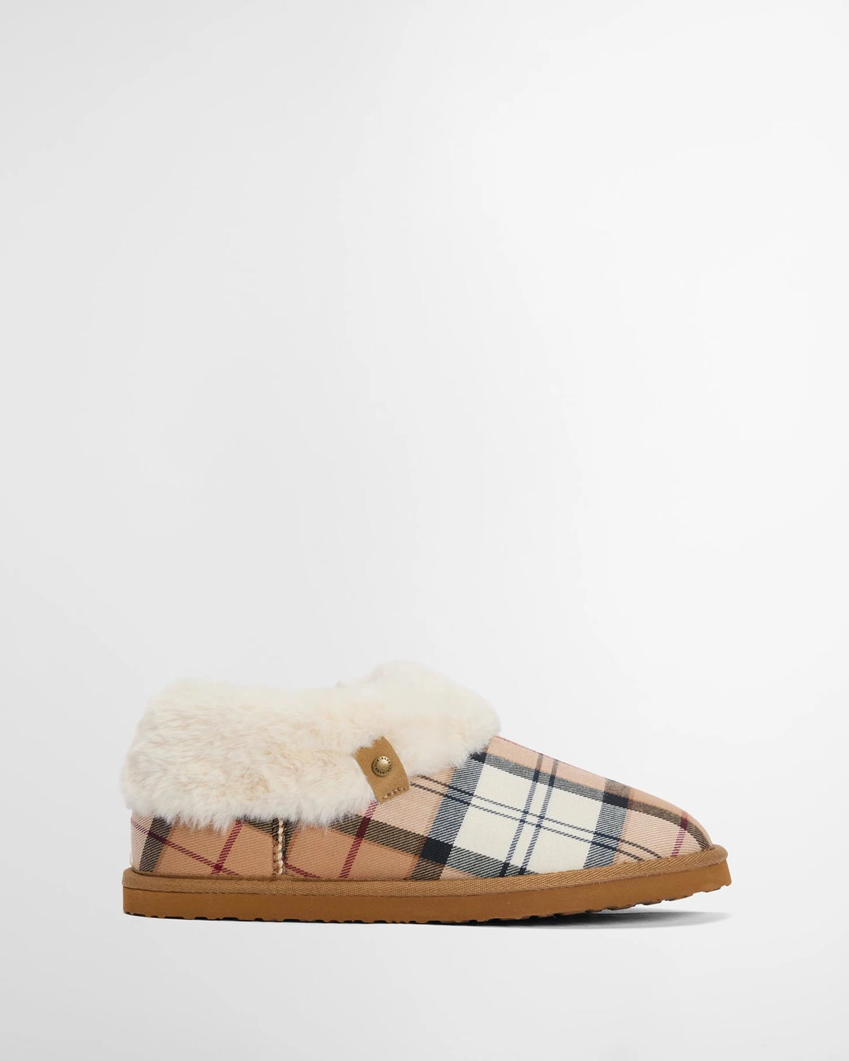 Plaid slipper with fur trim on a white background