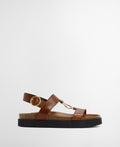 Brown sandal with a gold buckle on a white background
